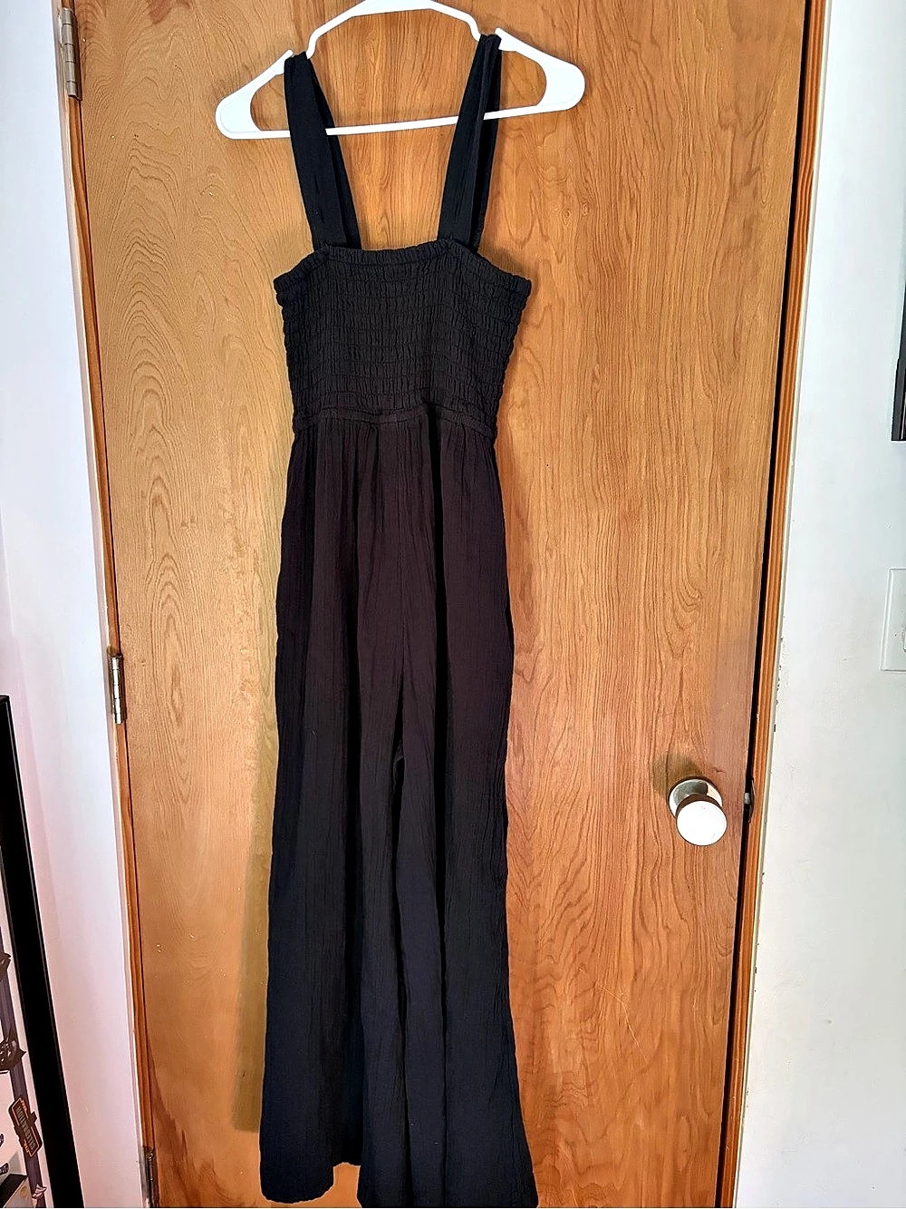 Quince 100% Organic Cotton Gauze Smocked Wide Leg Jumpsuit Black XS